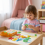 Wooden educational toy for threading letters, numbers, and colors