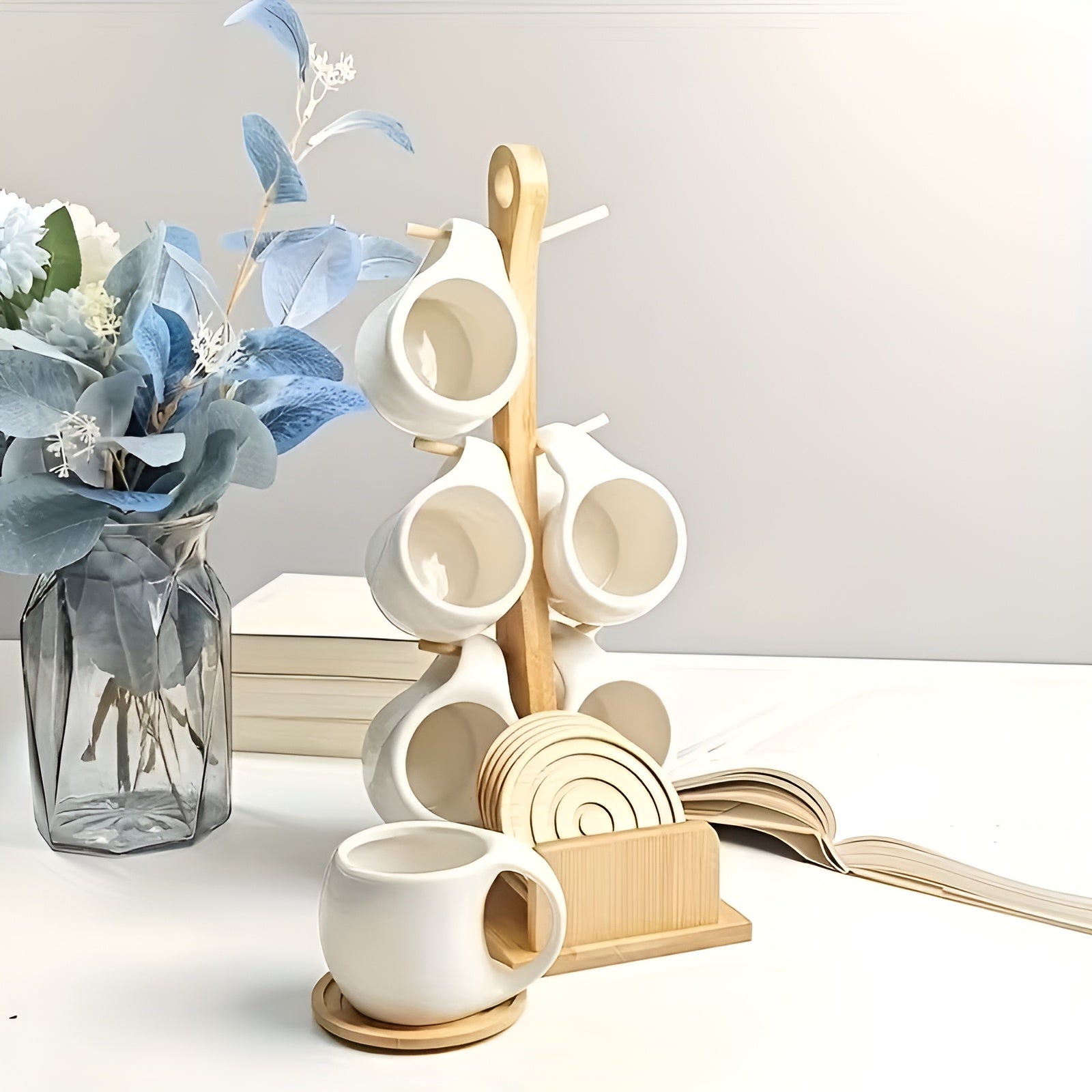 Ceramic Coffee Cup Set with Saucer and Stand – Decorative for Home and Cafe
