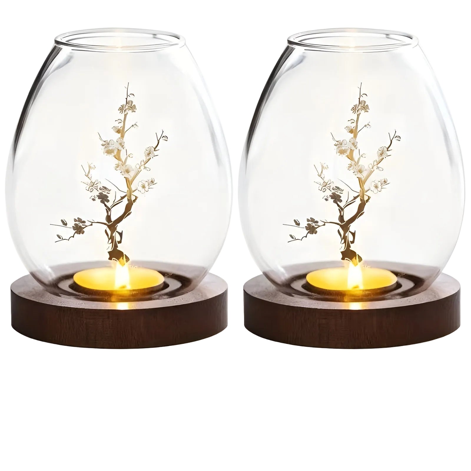 2-teiliges Set Glaskerzenhalter mit Holzsockel - Dekoration im Retro-Zen-Stil | Ideal für Wohnzimmer, Tischdekoration und im Freien