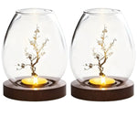 Elegant Set of 2 Glass Candle Holders with Wooden Base – Retro-Zen Flair for Your Home