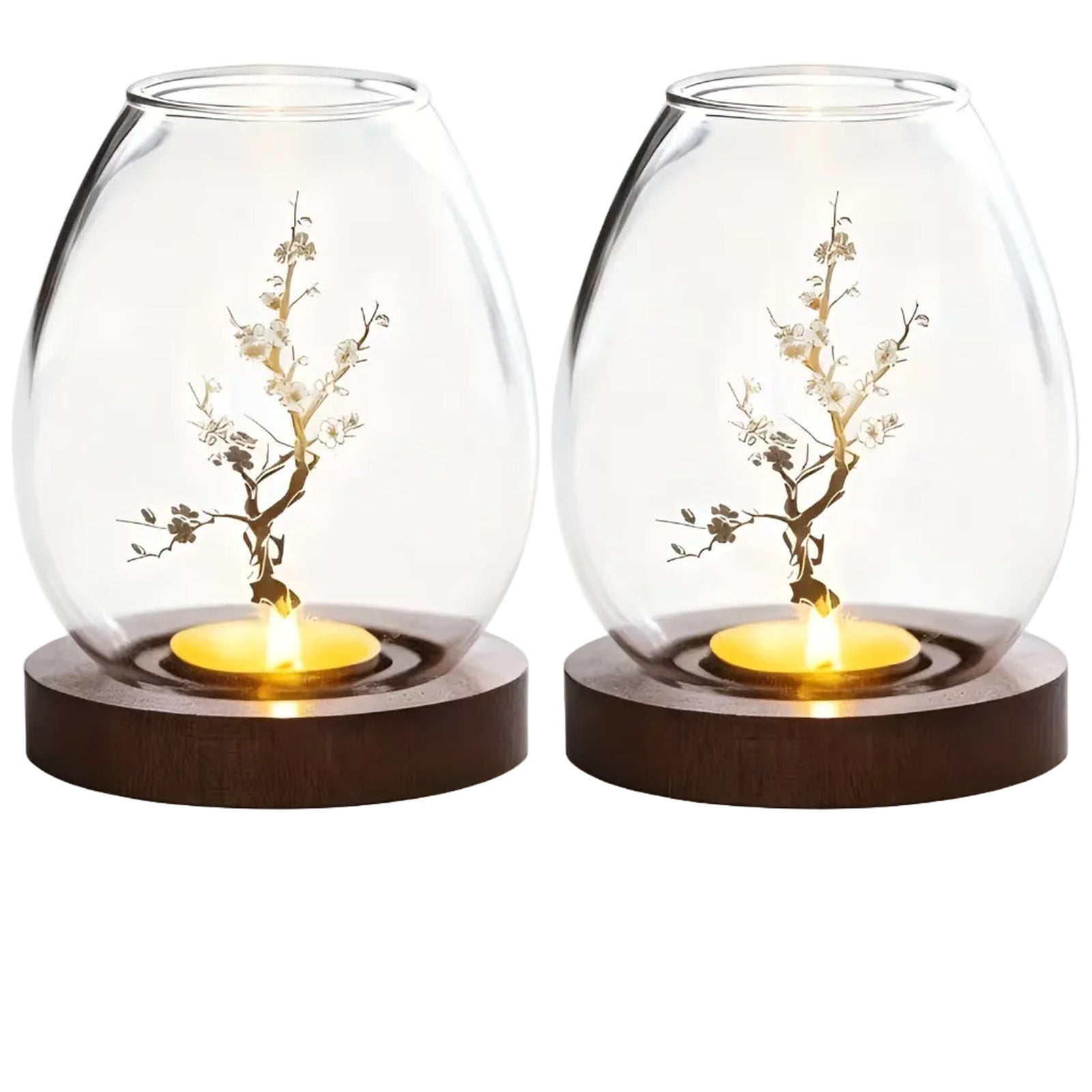 2-piece Set Glass Candle Holders with Wooden Base - Retro Zen Style Decoration | Ideal for Living Rooms, Table Decoration, and Outdoors