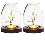 Elegant Set of 2 Glass Candle Holders with Wooden Base – Retro-Zen Flair for Your Home