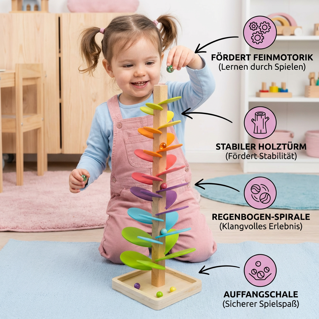 Wooden Tower with Rainbow Marbles in Montessori Style