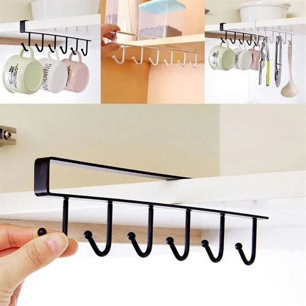 Wall shelf with 6 hooks made of iron for the underside of cabinets