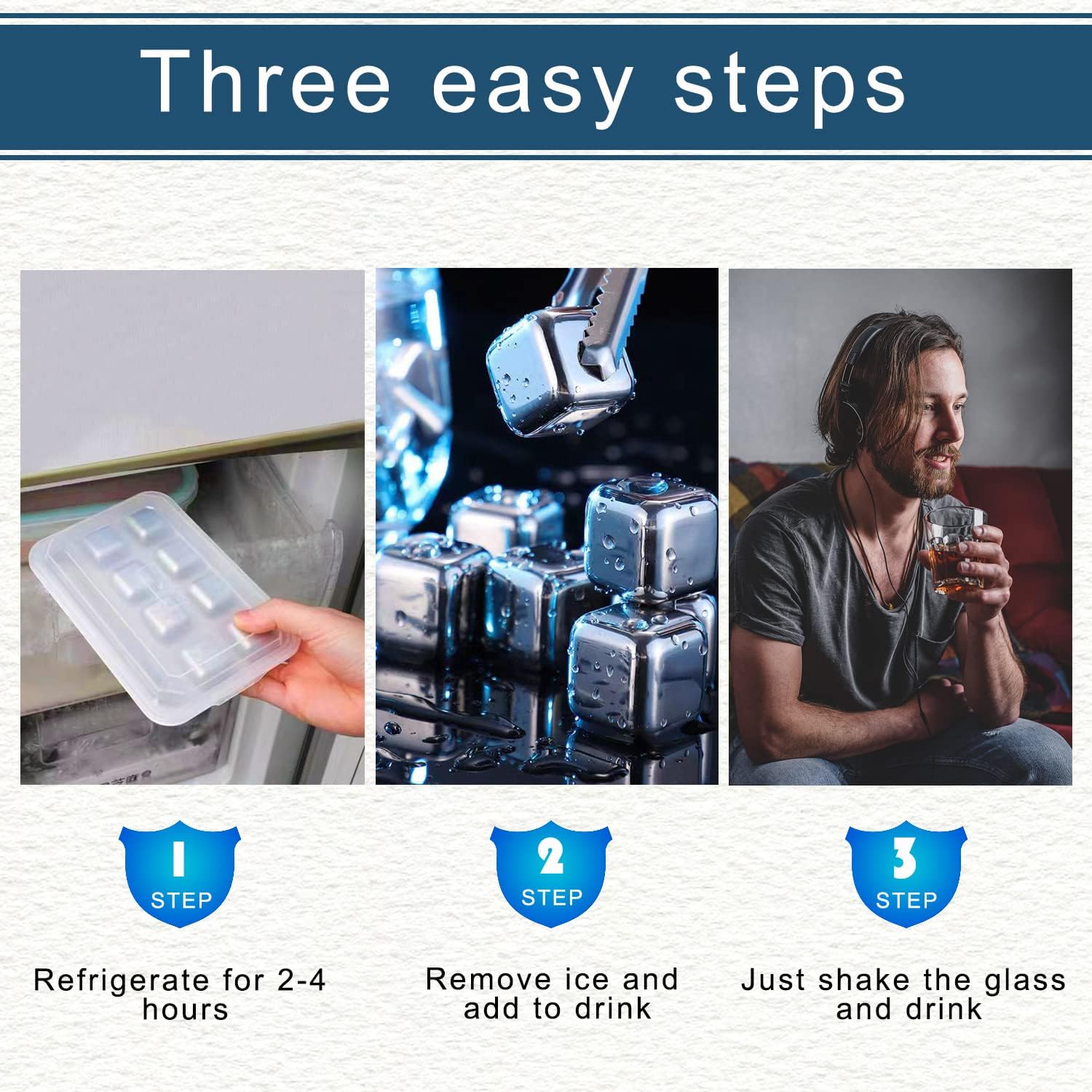 Reusable Stainless Steel Ice Cubes with Silicone Tongs - Set (8)