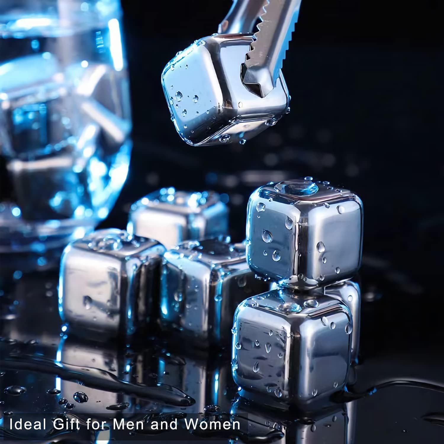 Reusable Stainless Steel Ice Cubes with Silicone Tongs - Set (8)
