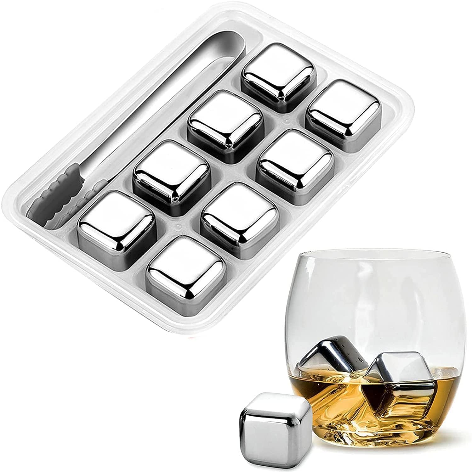 Reusable Stainless Steel Ice Cubes with Silicone Tongs - Set (8)