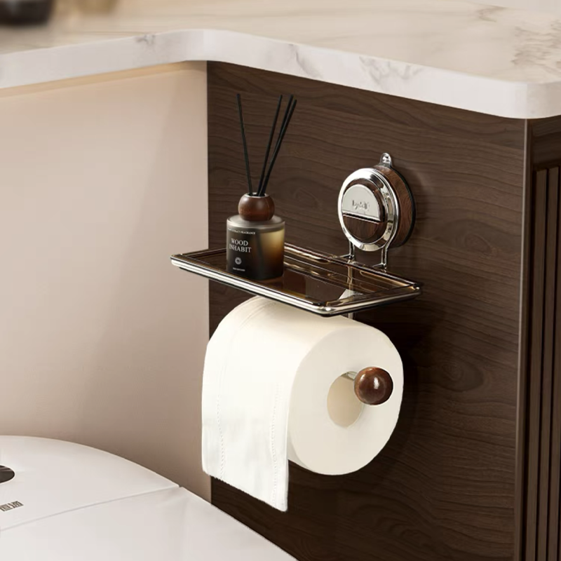Secure Stainless Steel Toilet Paper Holder with Suction Cup – Tool-Free Installation with Wood Grain Finish