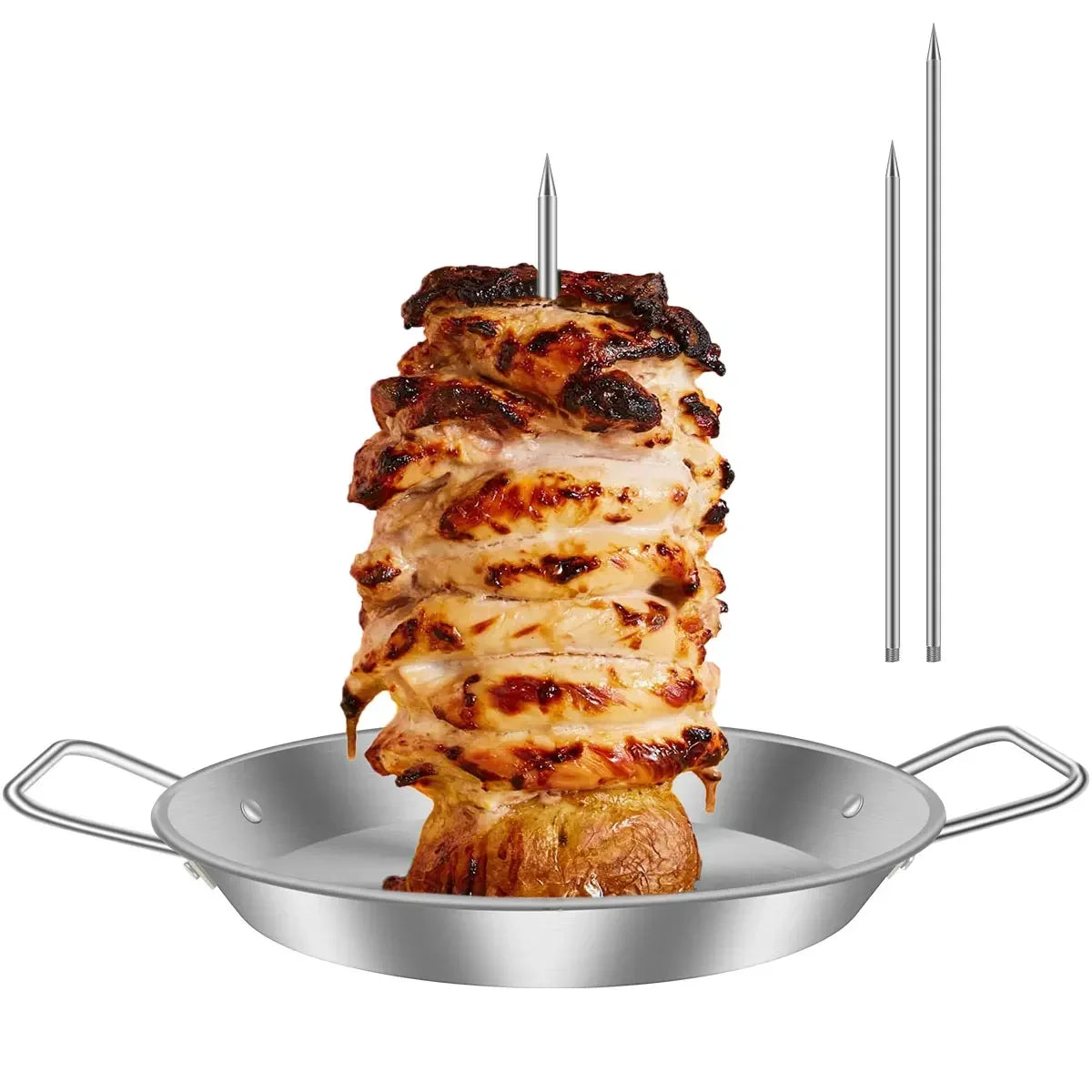 Edelstahl Vertikaler Grillspieß | Perfekter Fleischhalter mit Tropfschale | Set mit 3 Spießen (20–30 cm)