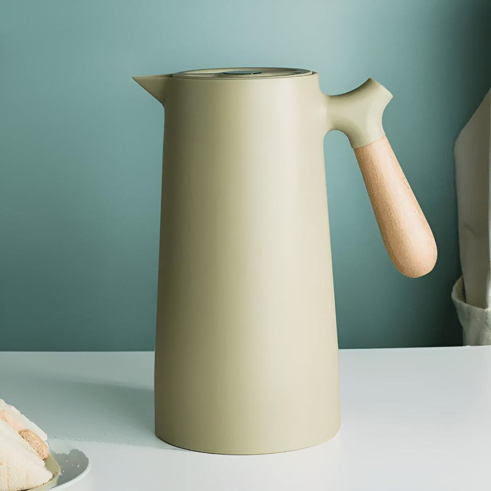 Elegant Thermal Carafe with Wooden Handle – 1L Coffee Pot for Hot and Cold Beverages