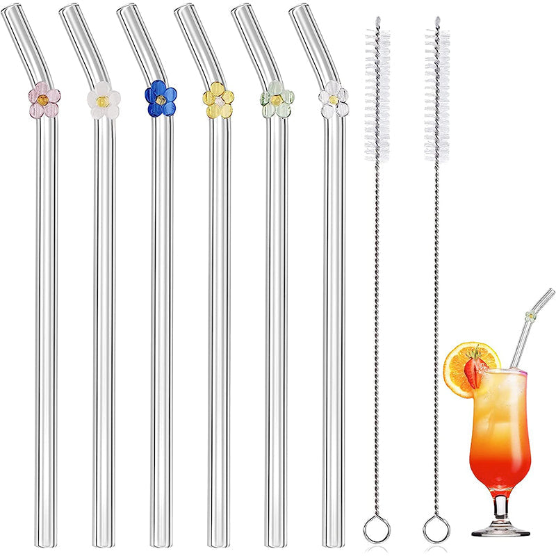 6 Stück Wiederverwendbare Glasstrohhalme mit Reinigungsbürste