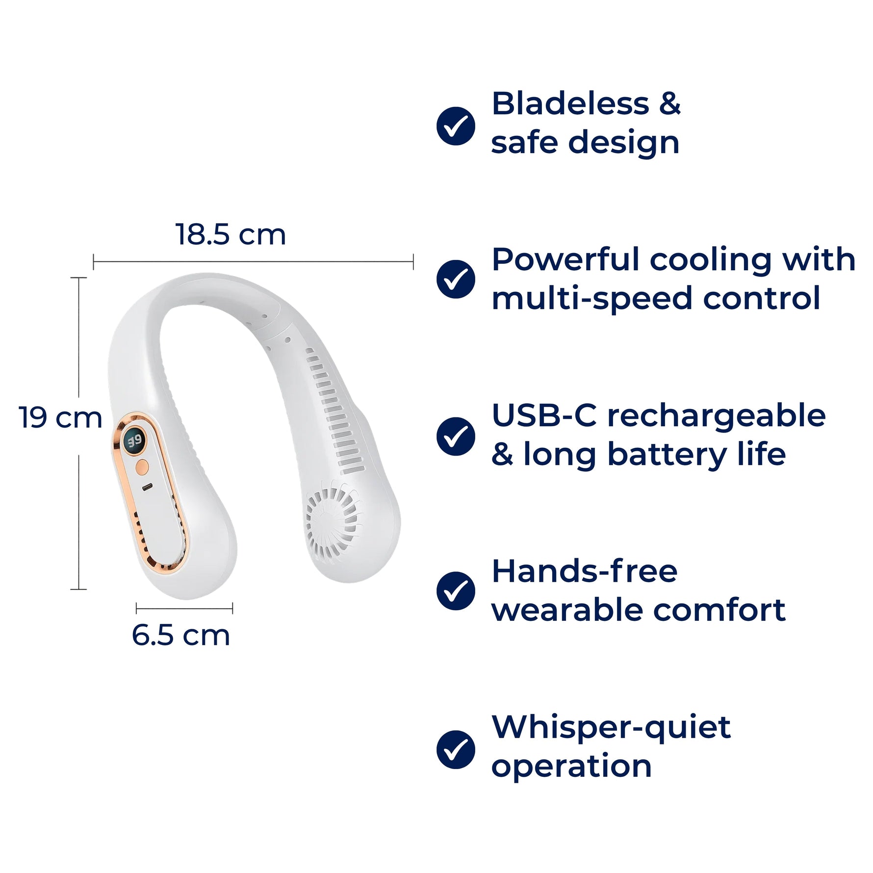 Portable Neck Fan – Hands-Free, Bladeless Cooling – Five Speeds USB-C – For Travel and Office