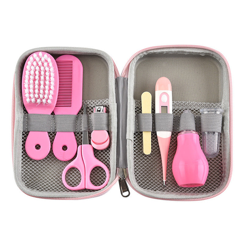 Baby care set with nail clippers, fever thermometer, brush, and comb