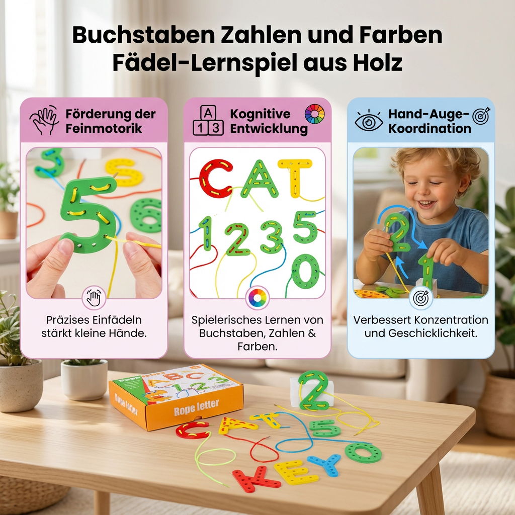 Wooden educational toy for threading letters, numbers, and colors