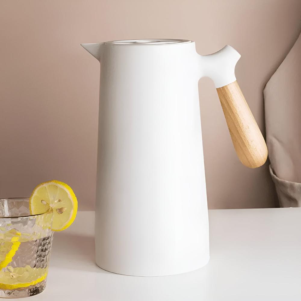 Elegant Thermal Carafe with Wooden Handle – 1L Coffee Pot for Hot and Cold Beverages