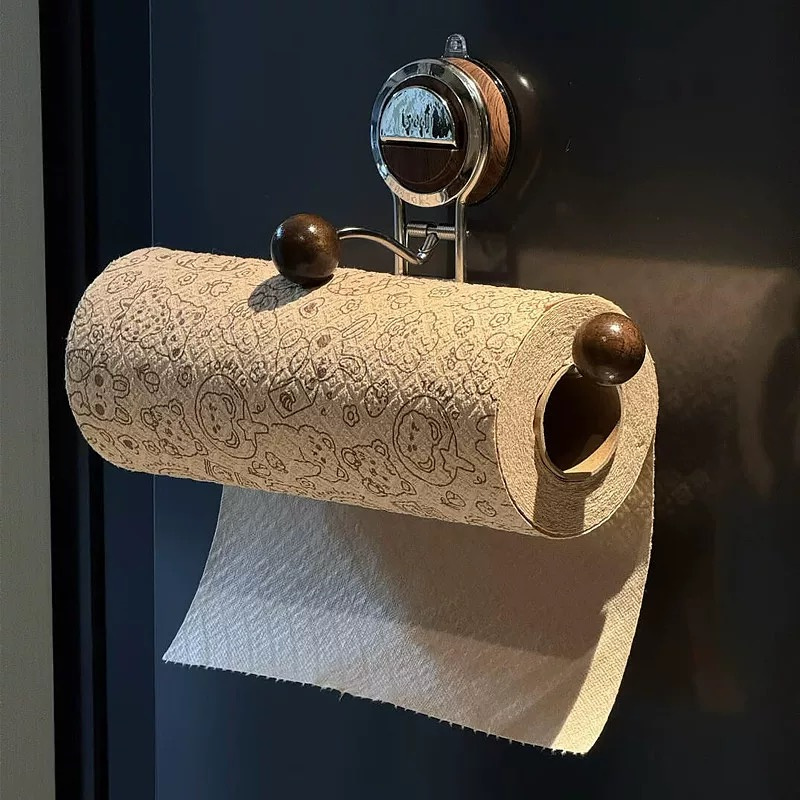 Secure Stainless Steel Toilet Paper Holder with Suction Cup – Tool-Free Installation with Wood Grain Finish
