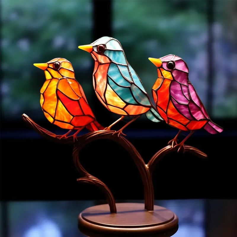 Double-sided acrylic ornaments with colourful birds on branches