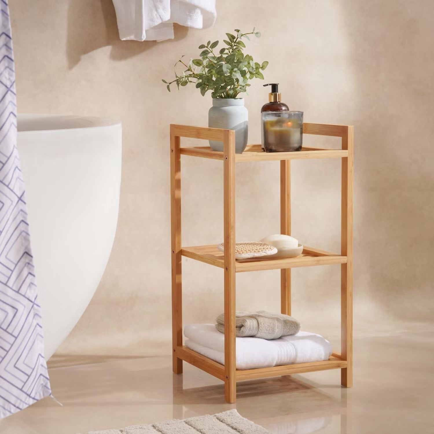 Dreistufiges Bambus Badregal, 30x30x57cm, Natürliche Optik