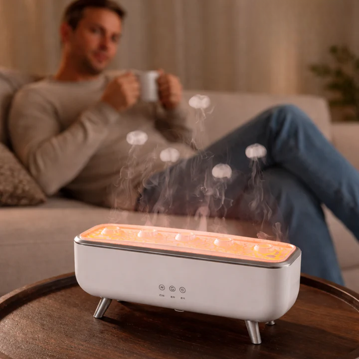 Aromatic diffuser with Medusa-like mist effect and LED lighting