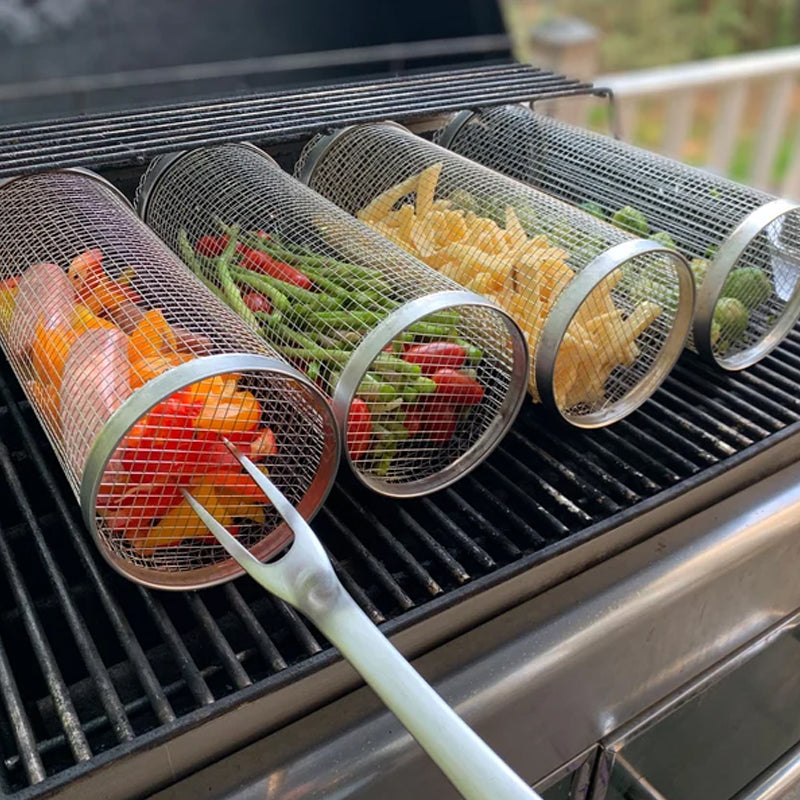 GrillProfi – 360° Edelstahl Grillkorb für perfektes BBQ | 2 zum Preis von 1 | Gleichmäßiges Garen ohne Anbrennen | Ideal für Fleisch, Gemüse & Räuchern