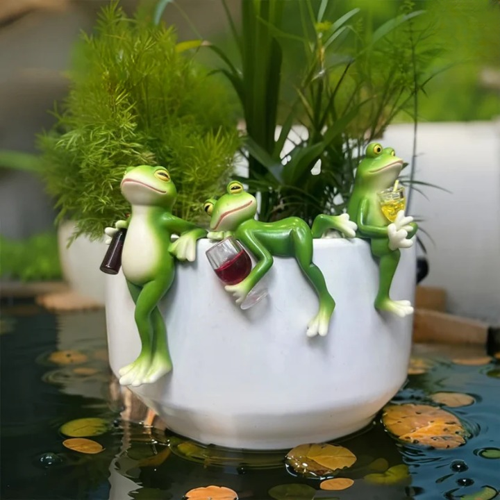 Playful frog figure for flower pots and garden