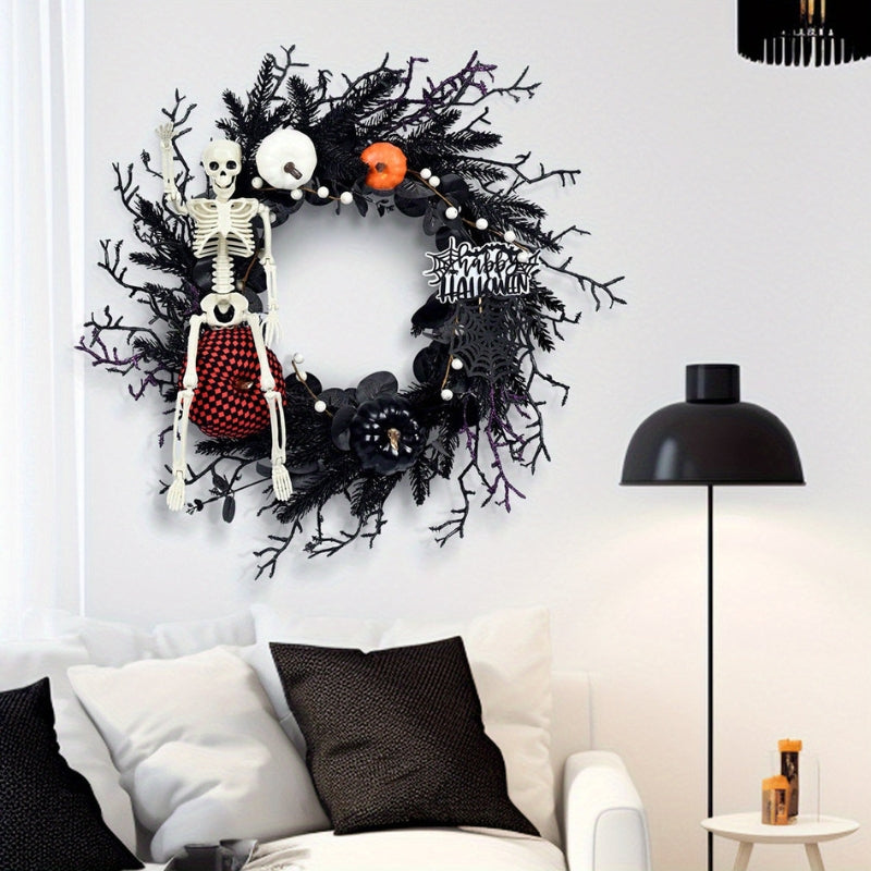 Halloween Door Wreath with Skeleton and Pumpkin - Atmospheric Seasonal Decoration