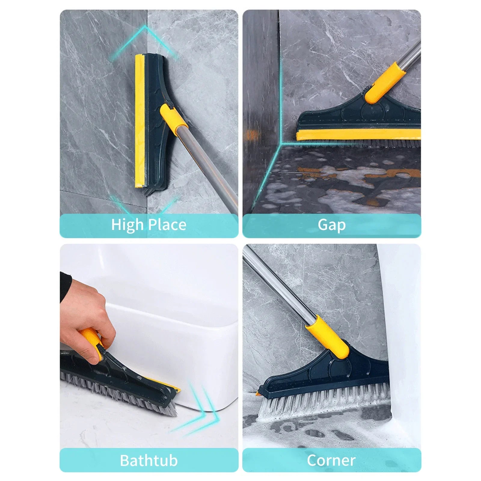 2-in-1 Floor Cleaning Brush with Window Squeegee, 120-Degree Swivel Long Handle