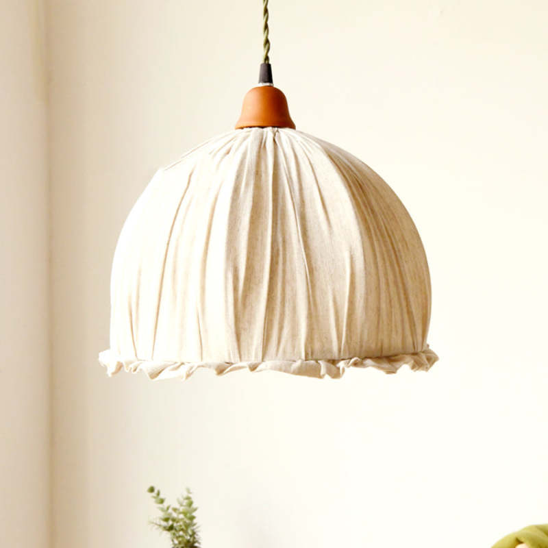 Minimalist Scandinavian LED Pendant Light with Beige Fabric Shade for Living Room and Dining Room, Height-Adjustable