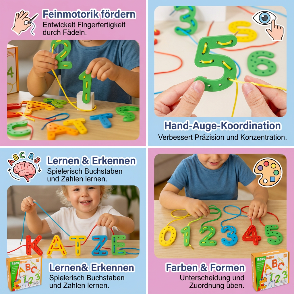 Wooden educational toy for threading letters, numbers, and colors