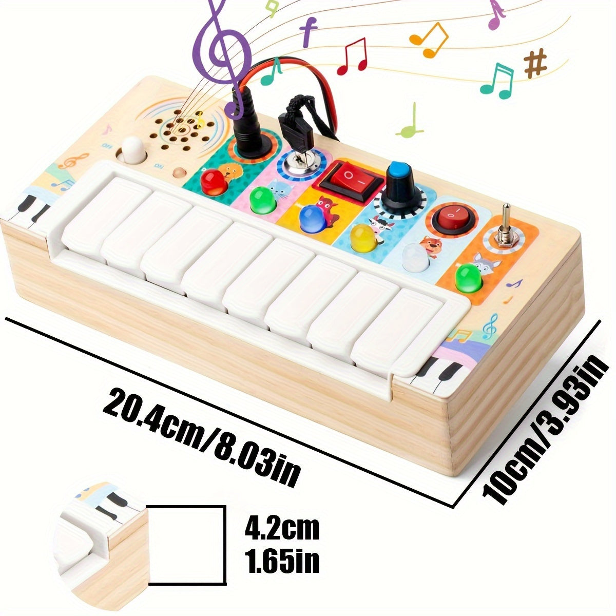 Wooden musical early learning toy with keys and lights