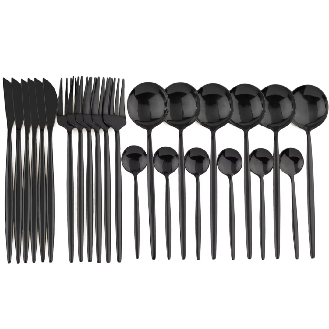 Elegant 24-piece Black Cutlery Set – Stainless Steel & Dishwasher Safe