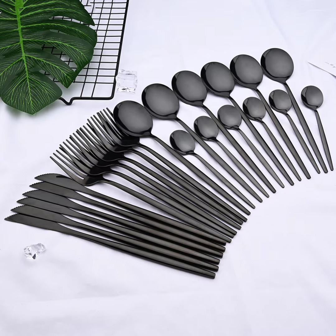 Elegant 24-piece Black Cutlery Set – Stainless Steel & Dishwasher Safe