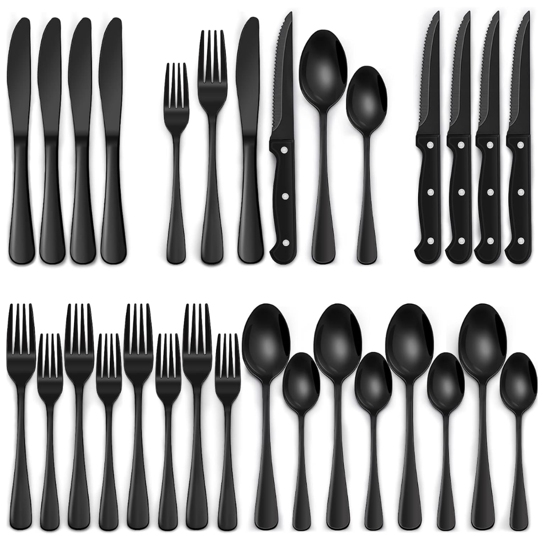 Elegant 24-piece Black Cutlery Set – Stainless Steel & Dishwasher Safe