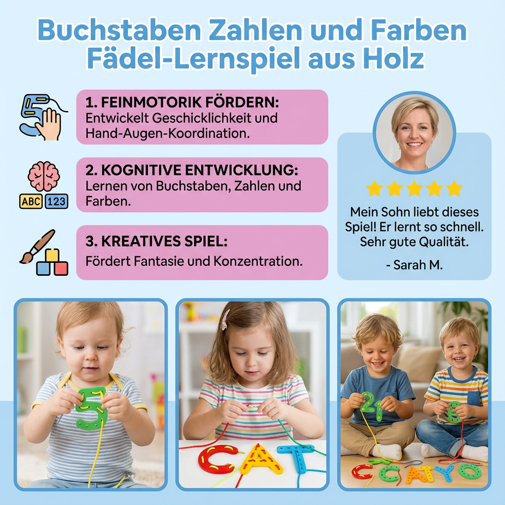 Wooden educational toy for threading letters, numbers, and colors