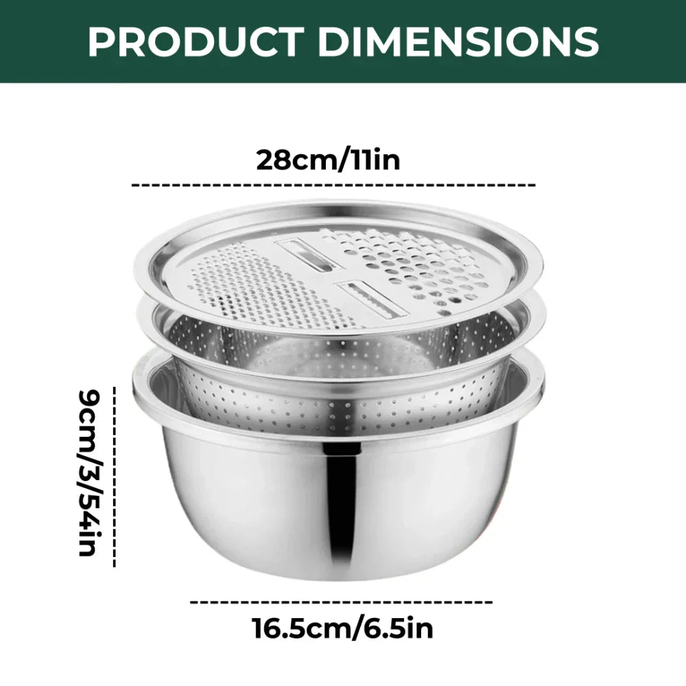 Versatile Stainless Steel Bowl Set with Grater and Sieve – 3-in-1 Solution