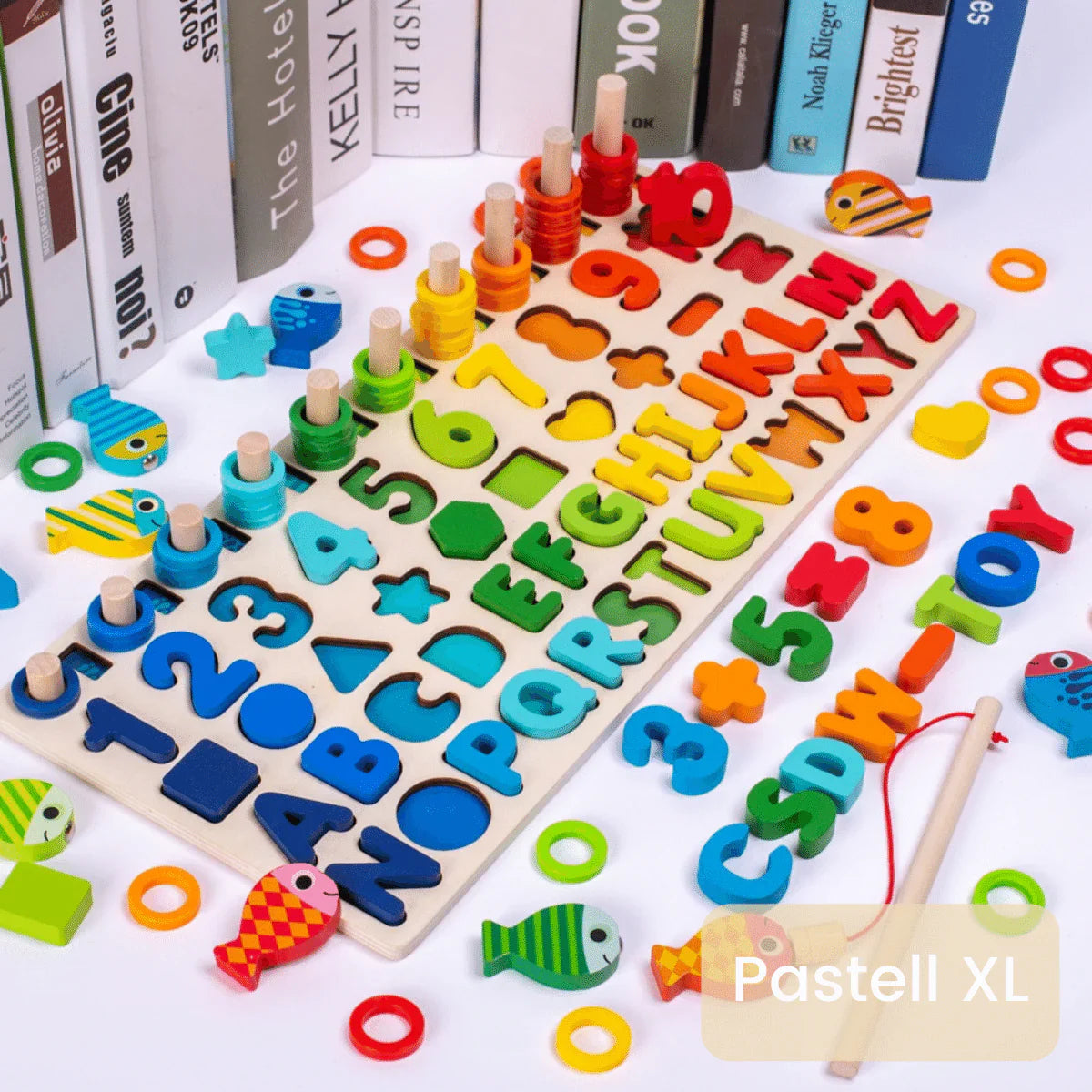 Wooden play board for promoting skills according to Montessori principles