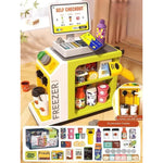 Toy cash register with touchscreen and scanner for home use