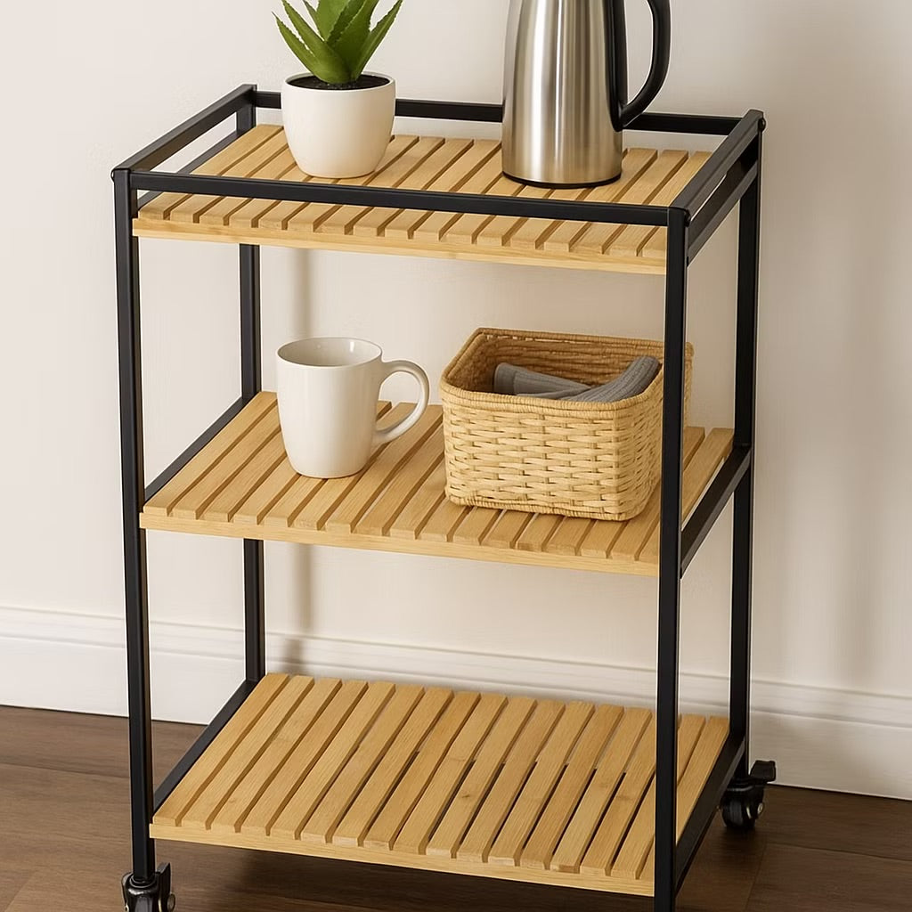 Vielseitiger 3-stöckiger Bambuswagen, 47x33x77cm, Naturholz-Finish