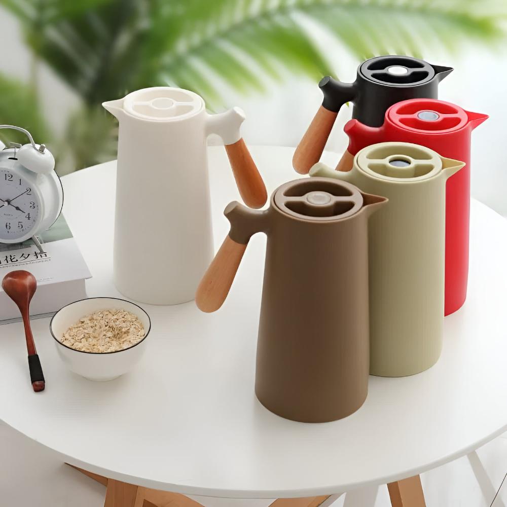 Elegant Thermal Carafe with Wooden Handle – 1L Coffee Pot for Hot and Cold Beverages