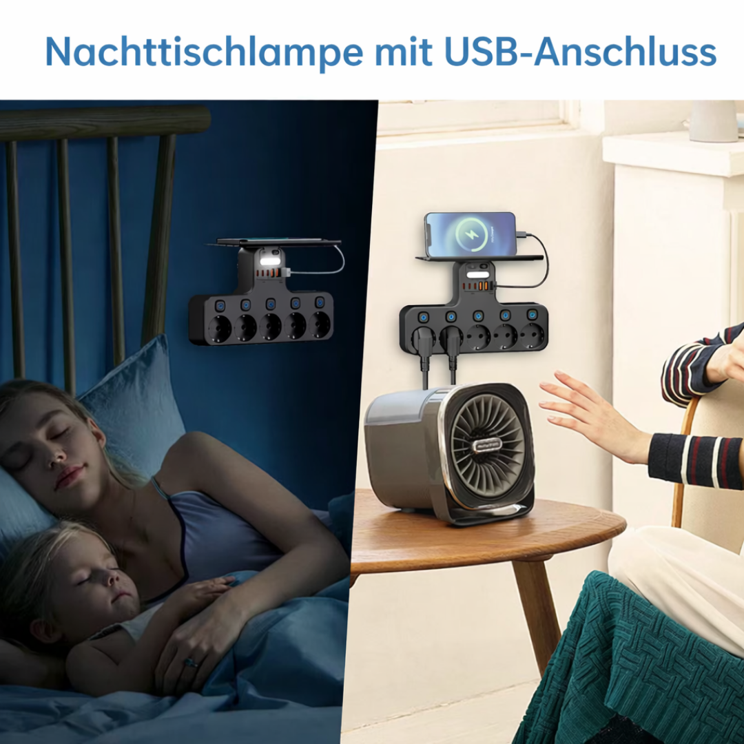 Wandsteckdosenleiste mit USB-Anschlüssen, Handyhalter und Nachtlicht