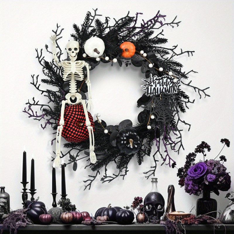 Halloween Door Wreath with Skeleton and Pumpkin - Atmospheric Seasonal Decoration