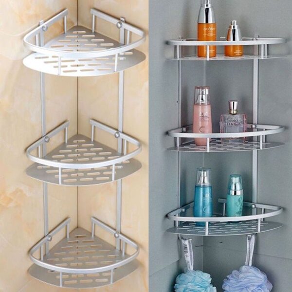 Platzsparendes Aluminium-Eckregal für Badezimmer – Silber