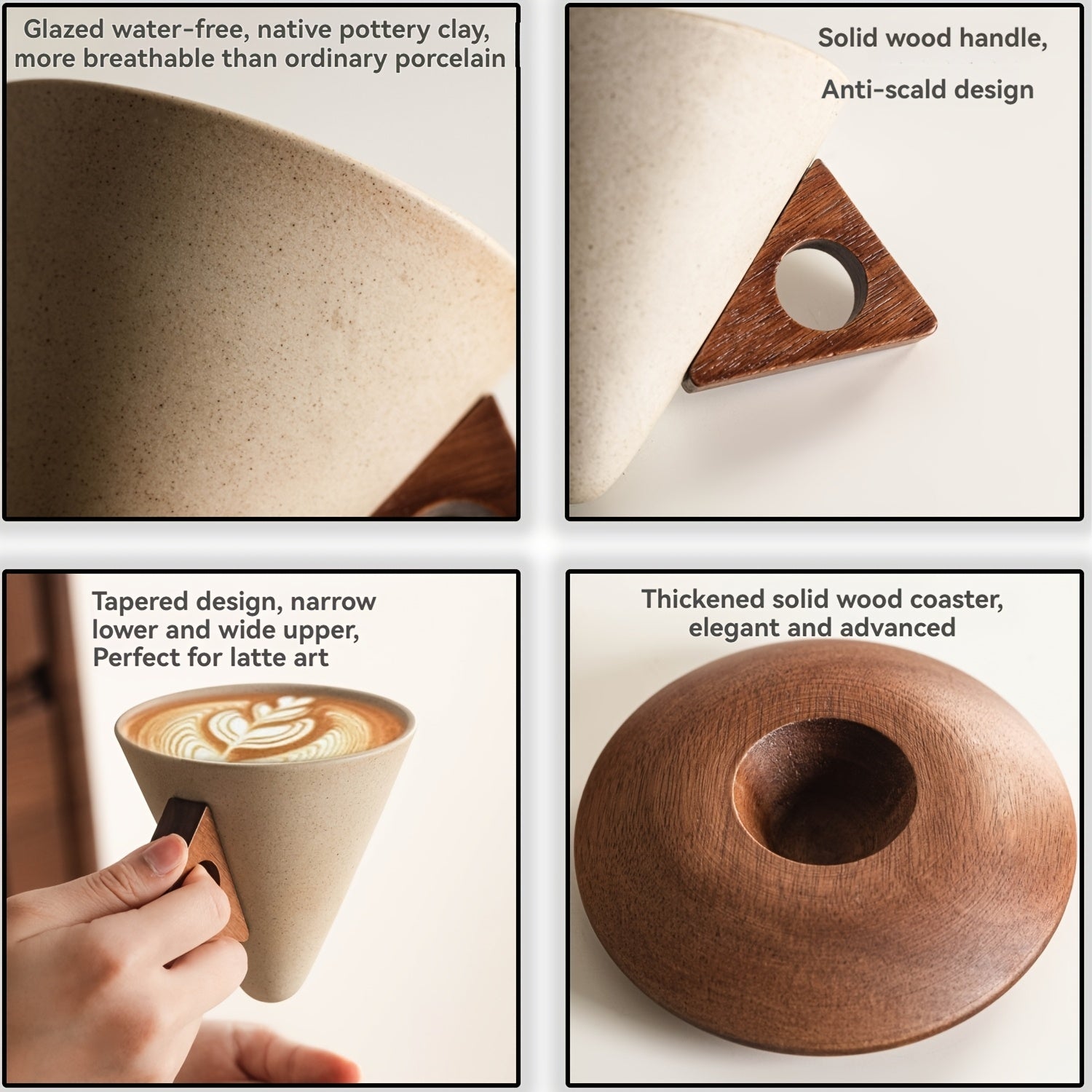Elegante Keramiktasse 250ml – Handgefertigt mit Holzgriff und Untersetzer | AromaCraft