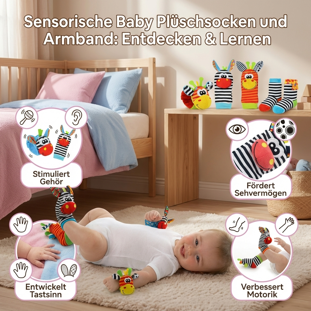Plush socks and bracelet for babies with sensory elements