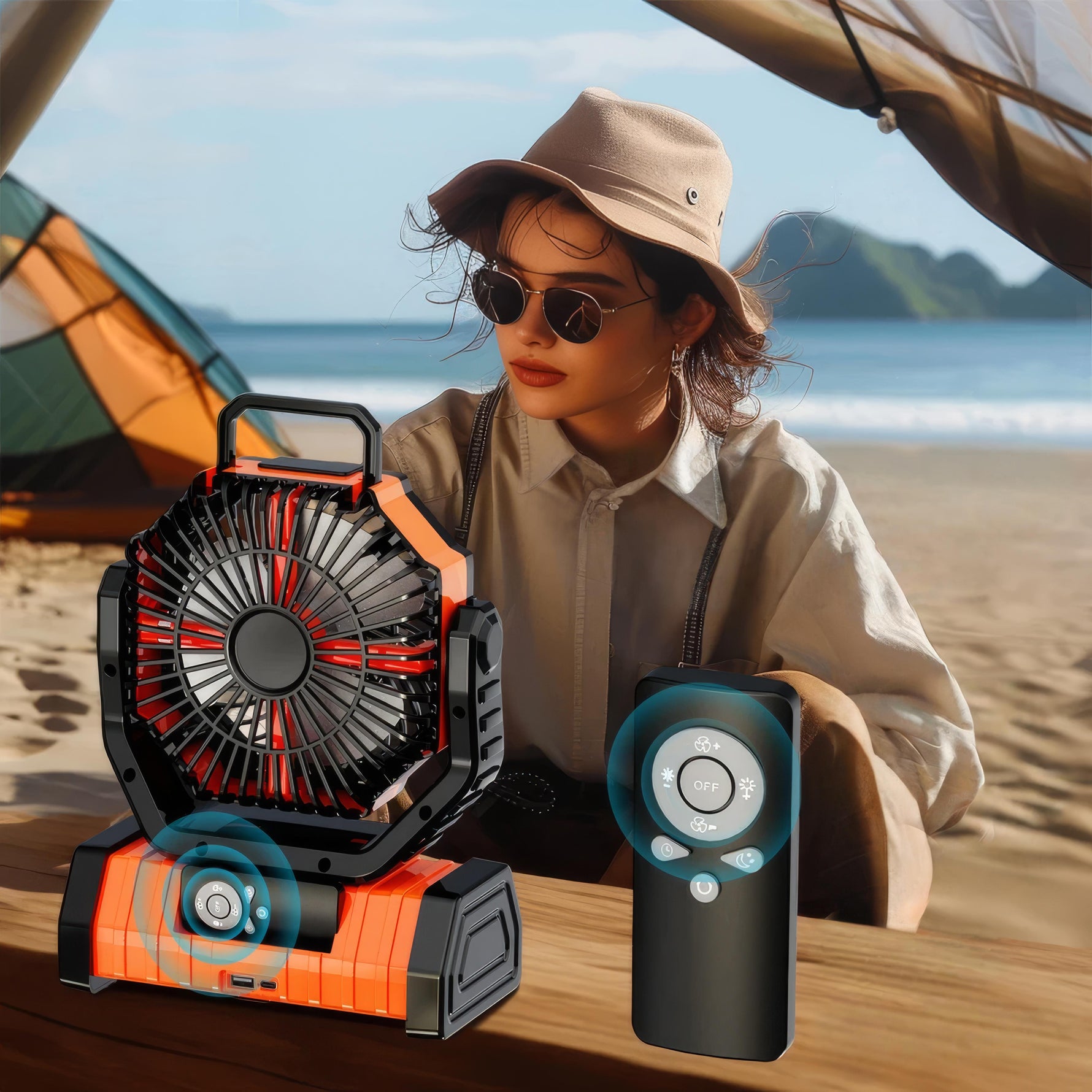 Lufterfrischer – Tragbarer Standventilator mit LED für Abenteuer im Freien