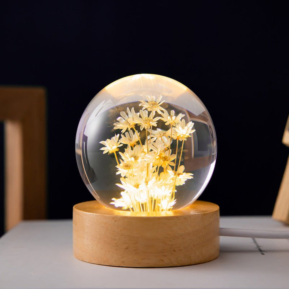 Elegante 3D Kristallblumenlampe – LED Nachttischleuchte mit Echte Blüten