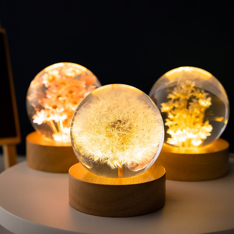 Elegante 3D Kristallblumenlampe – LED Nachttischleuchte mit Echte Blüten