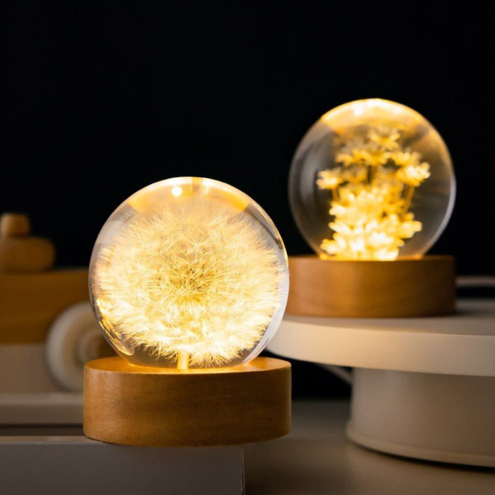 Elegante 3D Kristallblumenlampe – LED Nachttischleuchte mit Echte Blüten