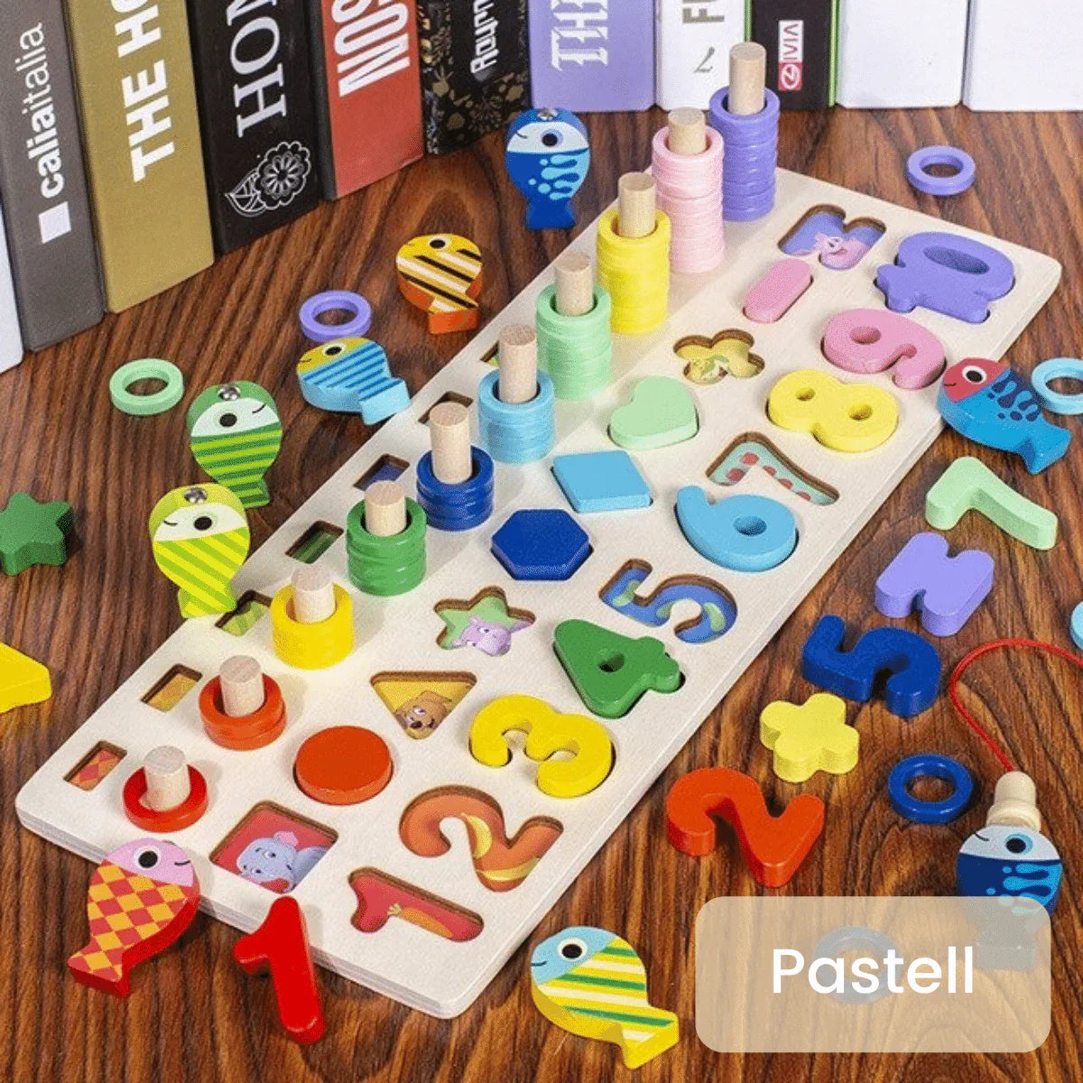 Wooden play board for promoting skills according to Montessori principles