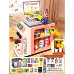 Toy cash register with touchscreen and scanner for home use